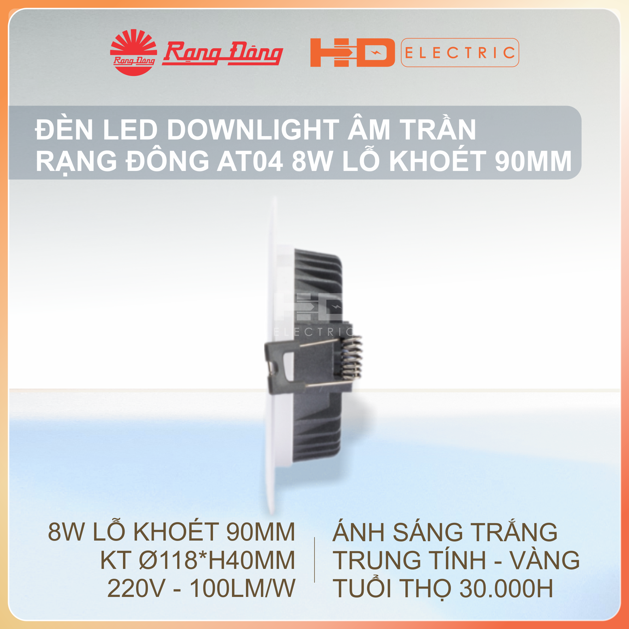 Đèn LED Âm trần Rạng Đông AT04 8W Lỗ khoét 90mm (D90) - Downlight Ánh sáng trắng (6500K)